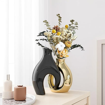 Black Gold Modern Abstract Ceramic Vases for Home Decor,Nordic Snuggle Hollow Design for Flowers Pampas Grass Decorative,for Living Room Coffee Table Centerpiece,Entrance,Console (Black)