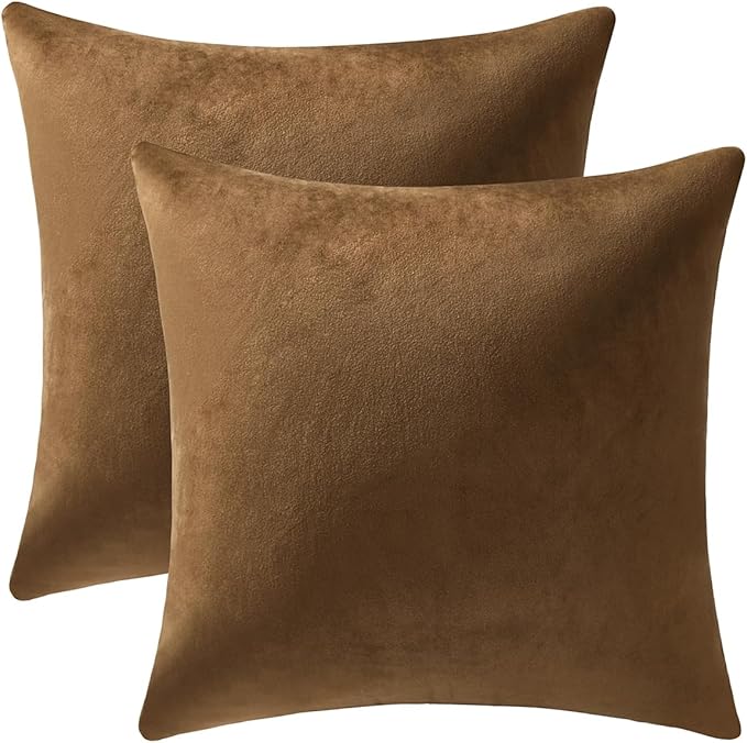 Throw Pillow Cases 22x22 Golden Brown: 2 Pack Cozy Soft Velvet Square Decorative Pillow Covers for Farmhouse Home Decor