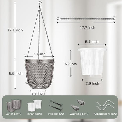 QCQHDU Self Watering Hanging Pots, 2 Pack 5.7 Inch Hanging Planters for Plants Indoor, Outdoor Flower Pots with Drainage Holes and 3 Hooks Chains for Garden Home (Gray)