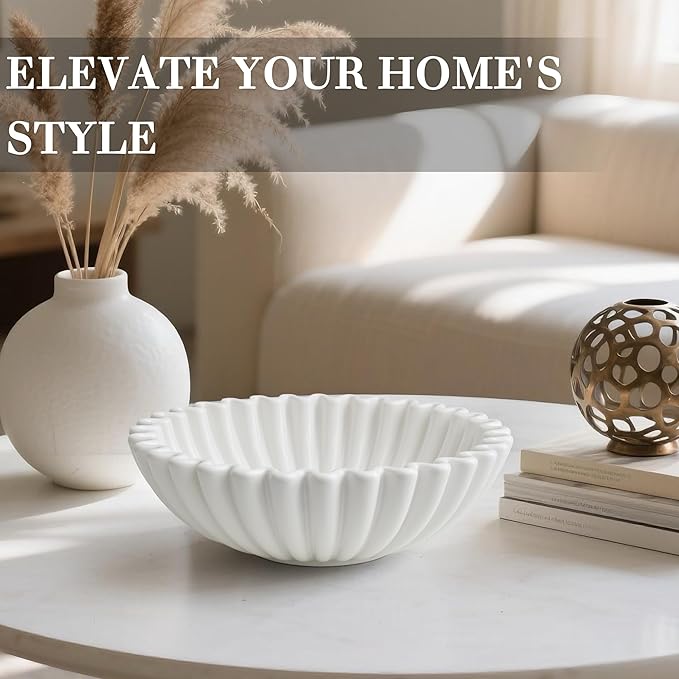 Large Decorative Bowl, White Ceramic Fruit Bowl for Kitchen Counter, Key Bowls for Entryway Table, Modern Coffee Table Home Decor, Scalloped Handmade Artwork