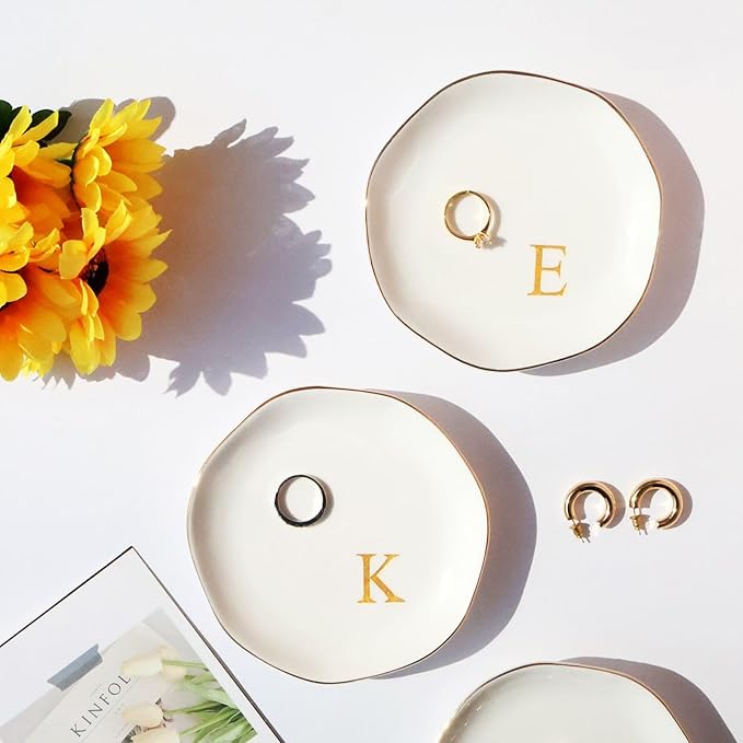 Ceramic Jewelry Tray Initial Ring Dish Personalized M-Monogrammed Engagement Wedding Gifts, for Birthday Mother's Day Christmas for Women, Ceramic White 4.75" (M)