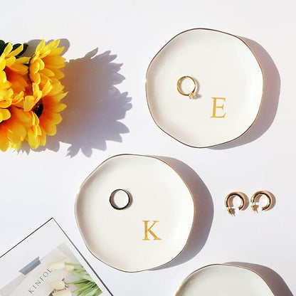 Ceramic Jewelry Tray Initial Ring Dish Personalized D-Monogrammed Engagement Wedding Gifts, for Birthday Mother's Day Christmas for Women, Ceramic White 4.75" (D)