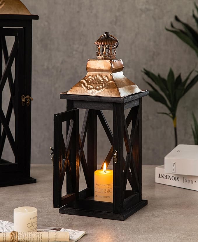 Large Farmhouse Wooden Lanterns with Metal Top, Decorative Floor Lanterns Set of 2, Black Frame with Rustic Gold Accents, Indoor/Outdoor Hurricane Lanterns for Home Decor (No Glass)