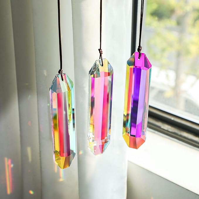 HDCRYSTALGIFTS 3 Pack 5" Large Crystal Sun Catcher Prisms for Windows, AB Colored Suncatcher Crystals Window Indoor Hanging Rainbow Maker Prisms for Home Garden Christmas Tree Decor
