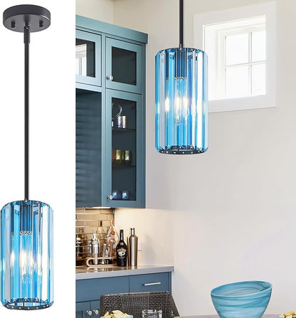 Modern Crystal Pendant Light Mini Light Blue Chandeliers Adjustable Pendant Lights Fixture for Kitchen Island Dinning Room Corridor Bedroom(Light Blue 1-Pack)