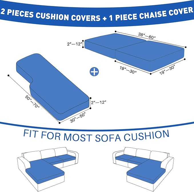 MAXIJIN Waterproof 3 Pieces Couch Cushion Covers for Sectional Sofa Seat Slipcover Stretch Sectional Couch Cover for L Shape Left/Right Chaise with Elastic Bottom (2 Seater + 1 Chaise, Dusty Blue)
