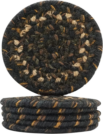 Homespice Kilimanjaro Jute Braided Rope Coasters 4", Warm Primitive Decor, Set of 6, Black and Tan - Durable, Absorbs Moisture, Easy to Clean and Protects Furniture