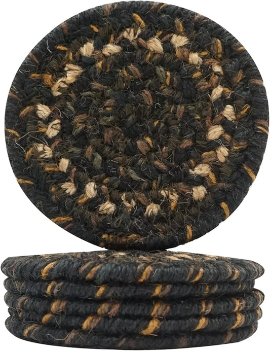 Homespice Kilimanjaro Jute Braided Rope Coasters 4", Warm Primitive Decor, Set of 6, Black and Tan - Durable, Absorbs Moisture, Easy to Clean and Protects Furniture