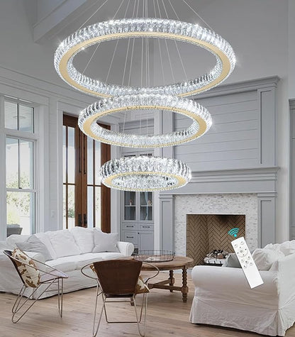 3 Rings Chandelier Modern Dimmable High Ceiling Large Ring Chanderliers Entryway Crystal Pendant Lights for Entryway Foyer Living Room Gold Light