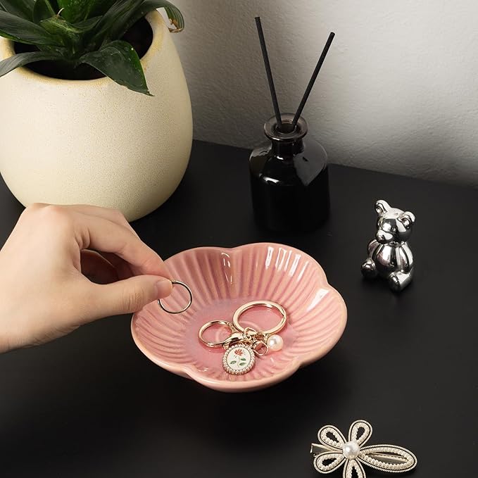 Flower Shape Ring Tray, Key Bowl, Ceramic Trinket Tray Decorative Jewelry Dish for Rings Necklace Earring Key Watch, Home Decoration for Friend Sister Mom
