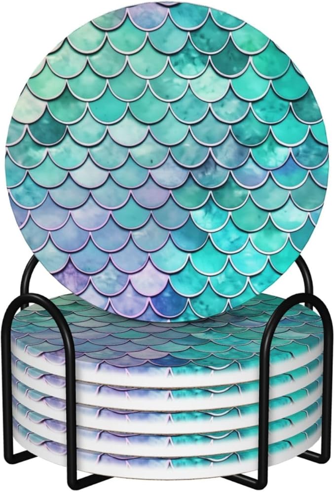 6 Pcs Ceramic Coasters with Holder Absorbent Drink Round Mermaid Fish Scales Design for Home Table Coffee Cup Wine Beer Bar,Size 4.4 inches