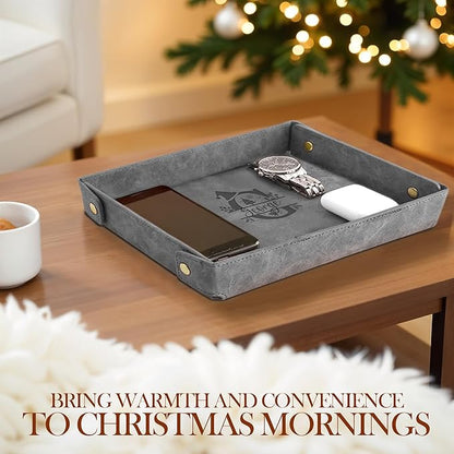 Engraved Christmas Gray Leather Valet Tray – Personalized Rectangle Catchall Organizer for Wallet, Keys, and Jewelry – Gift for Men, Dad, Couples – Dresser Top or Coffee Table Tray Decor