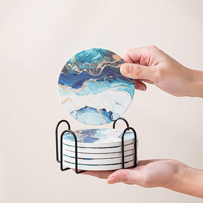 Ceramic Drink Coasters Set of 6 with Holder, Modern Marble Absorbent Ceramic Coasters, Round Ceramic Table Coasters for Home Decor Coffee Kitchen (4 Inches), Lake Blue