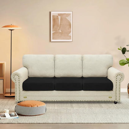 MAXIJIN Velvet Stretch Cushion Covers Fitted Couch Cushion Slipcovers Sofa Seat Cover for Individua Cushions with Elastic Bottom (3 Piece Sofa Seat Slipcovers, Black)