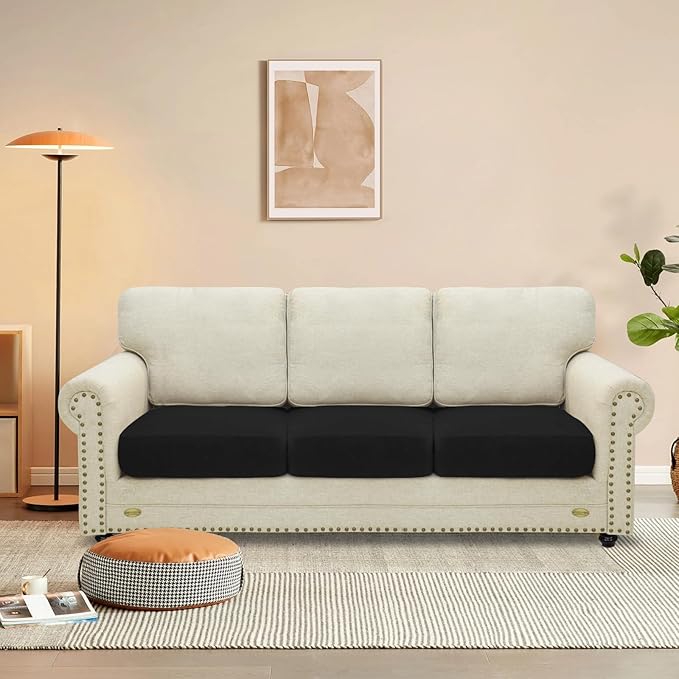 MAXIJIN Velvet Stretch Seat Cushion Covers Couch Cushion Cover for Individual Cushions Sofa Seat Cushion Slipcovers with Elastic Bottom (3 Piece XL Sofa Cushion Covers, Black)