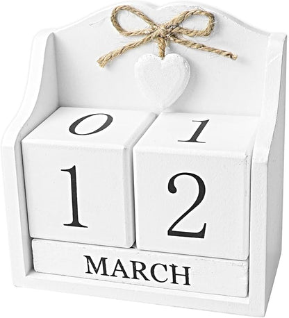 Rustic Wooden Desk Calendar - Adjustable Perpetual Cube (5.7x5.9in), White European-Style for Home Office Decor, Photography Prop