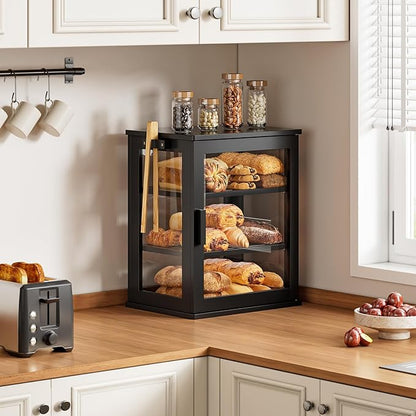 WOWLIVE Black Bread Box for Kitchen Countertop, Large 3 Layers Bread Storage Container for Homemade Bread with Window, Farmhouse Breadbox Organizer for Kitchen, Cabinet, Pantry (Black, Meduim)