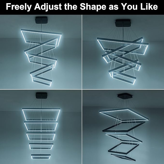 Square Led Chandelier Modern Hanging Light 5-Rings Contemporary Ceiling Pendant Light Dimmable Pendant Light for Living Room Kitchen Dining Room 15.7"+19.6"+23.6"+27.5"+31.4" Black 110V 180W