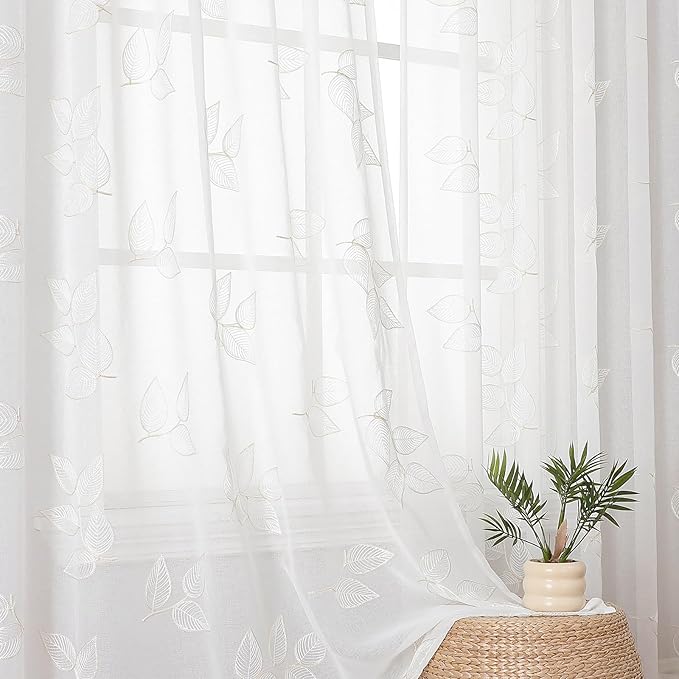 VISIONTEX Sheer Curtains 63 inch Length 2 Panels Set, Decorative Leaves Embroidery, Rod Pocket Embroidered Window Drapes for Living Room and Bedroom, 54" x 63"