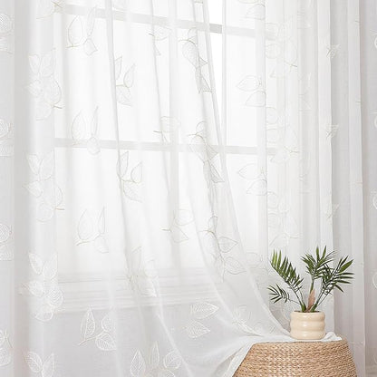 VISIONTEX Sheer Curtains 63 inch Length 2 Panels Set, Decorative Leaves Embroidery, Rod Pocket Embroidered Window Drapes for Living Room and Bedroom, 54" x 63"