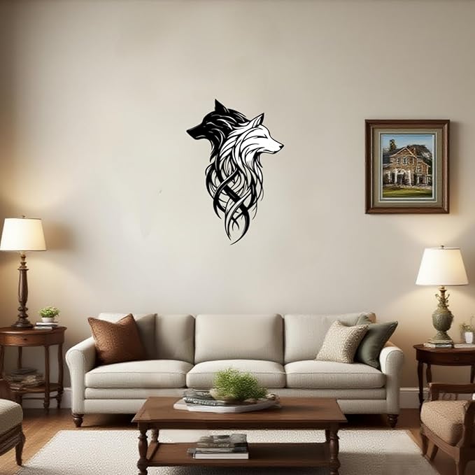 Metal Wolf Wall Art - Yin Yang Black White Dual Wolf Heads Metal Wall Decor, Rustic Home Decor for Cabin Lodge, Office, Living Room, bathroom, Man Cave, 15.7x10.6 Inch, Housewarming Gift for Men