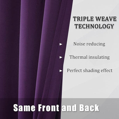 DUALIFE Dark Purple Room Darkening Window Curtain Panels for Bedroom 72 Inch Length Set of 2 Panels Grommet Top Purple Solid Blackout Curtains Drapes for Living Room 52x72 Inch
