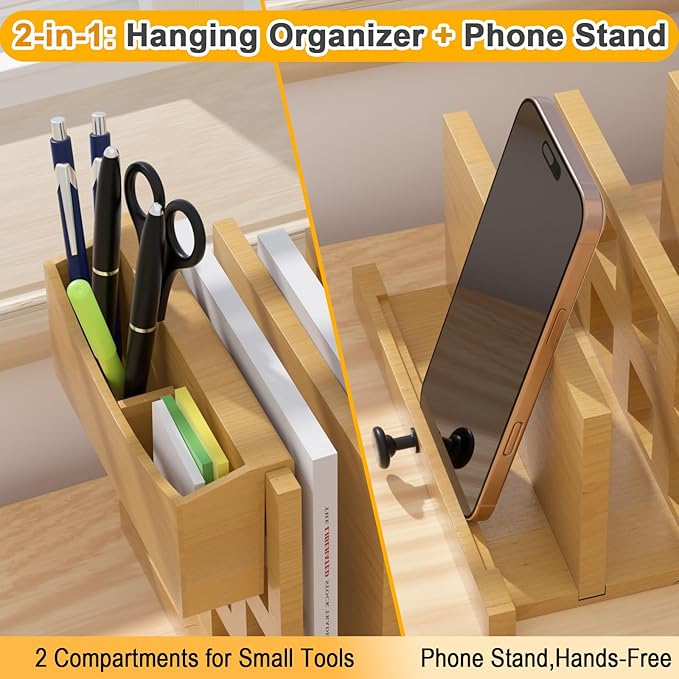 AO LI GEI Wood File Mail Organizer,Expandable Desktop Organizer Paper Sorter Pull Out from 4 to 7 Slots with Hanging Storage Box & Phone Stand,File Holders for Office Desk Home & School ﻿