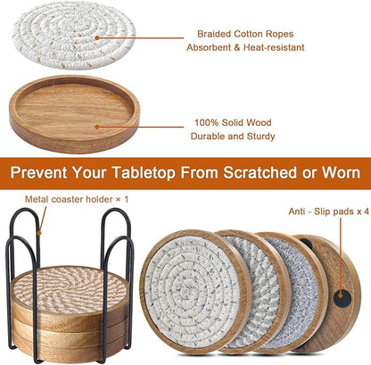 Coasters for Drinks Absorbent Sets of 8, Woven Coasters with Holder, Wood Coasters for Coffee Table, Housewarming Gift for Farmhouse Home Decor, 4 inches Brown & Gray