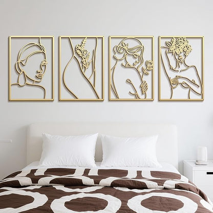 Eilopaa 4 Pack Gold Wall Art Décor for living room, Metal Minimalist Abstract Wall Décor bathroom, Single Line Woman's Body Shape Modern Wall Art, Size 17 X 11.8 inches