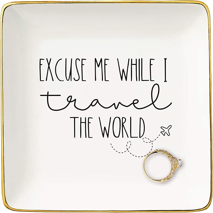 NZY Excuse Me while I Travel the World,World Traveler Gifts,Vacation Gifts,Adventure Gifts,Gift for Traveler,Funny Travel Lovers Christmas Gifts-Ceramic Jewelry Tray Trinket Holder Ring Dish