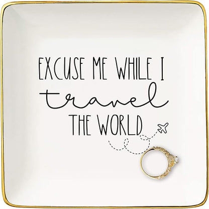 NZY Excuse Me while I Travel the World,World Traveler Gifts,Vacation Gifts,Adventure Gifts,Gift for Traveler,Funny Travel Lovers Christmas Gifts-Ceramic Jewelry Tray Trinket Holder Ring Dish