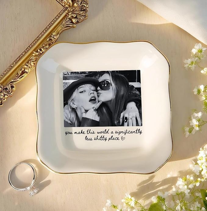 Chillever Personalized Besties Photo Ring Dish, Custom Jewelry Dish Gift for Besties, Soul Sister Trinket Gift for Long Distance Friendship Women BFF Christmas Birthday Wedding Gifts DS2