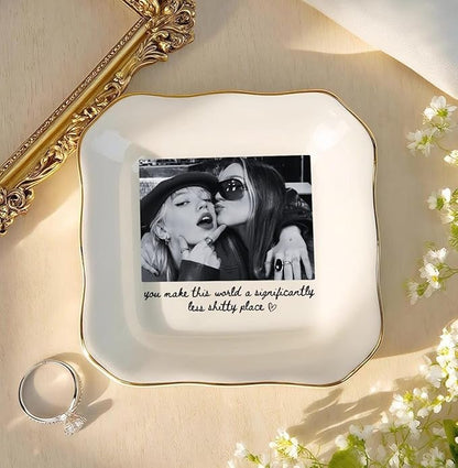 Chillever Personalized Besties Photo Ring Dish, Custom Jewelry Dish Gift for Besties, Soul Sister Trinket Gift for Long Distance Friendship Women BFF Christmas Birthday Wedding Gifts DS2