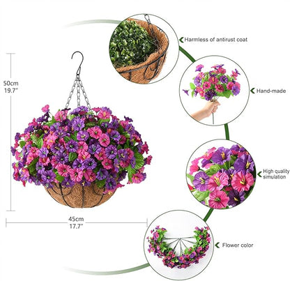 Homsunny Artificial Fake Hanging Flowers with Basket for Outdoors, Faux Silk Petunias Flower Spring Summer Decor UV Resistant Look Real for Home Outside Patio Front Porch Decorations