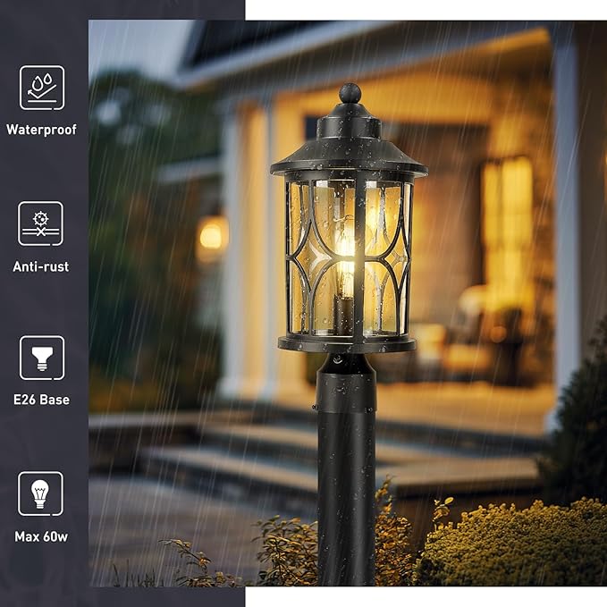 zeyu Outdoor Pole Light Fixture, 16.9 Inch Dusk to Dawn Sensor Post Light with Photocell Sensor, Black Pier Mount Light with Seeded Glass Shade, ZX48MP PC BK