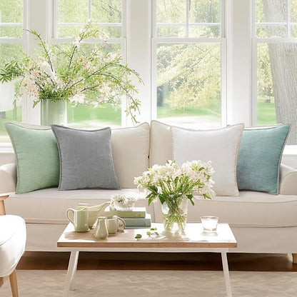 decorUhome Spring Chenille Soft Throw Pillow Covers 18x18 Set of 2, Farmhouse Velvet Neutral Decorative Pillow Covers with Stitched Edge for Couch Sofa Bed Home Decor, Aqua Haze