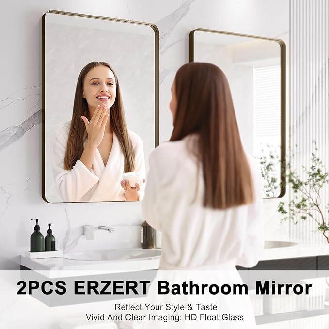 Bathroom Mirrors for Over Sink,2Pcs 24x36Inch Vanity Mirrors for Wall,Bronze Metal Frame Rectangle Mirrors for Bathroom, Farmhouse,Restroom,Hangs Horizontally or Vertically
