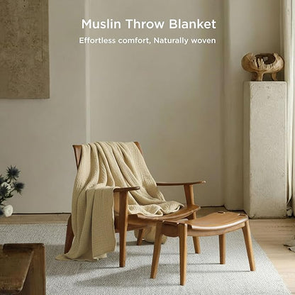 Threadmill Muslin Throw Blanket | 4 Layer 100% Cotton Gauze | Lightweight, Breathable, and Soft All Season Blanket | 50 x 65 Cozy Throw for Sofa, Couch & Bed | Beige