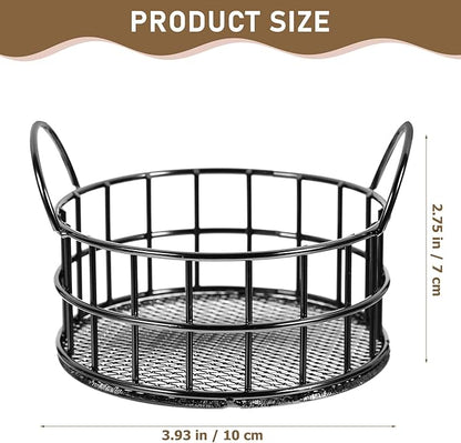Round Wire Storage Basket for Desk, Makeup Organizer, Small Iron Basket with Handle for Home, Office, Bathroom, Black, 3.93X2.75 Inch