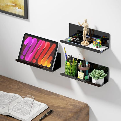 PAVSTINE Acrylic Floating Shelves for Wall No Drilling, Self Adhesive Space-Saving Shelves, 12 Inch Floating Shelf Stick on Wall Shelf, for Bathroom, Kitchen, Bedroom, Office, Gaming Room, Black