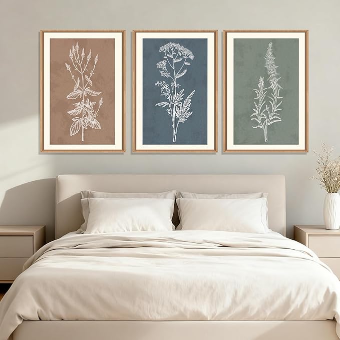 HLNIUC Neutral Botanical Framed Wall Art Set, Boho Minimalist Plant Canvas Wall Decor, Vintage Leaf Wall Painting, Nature Floral Silhouette Art Print for Bedroom, Living Room, Study - 24”x36”x3