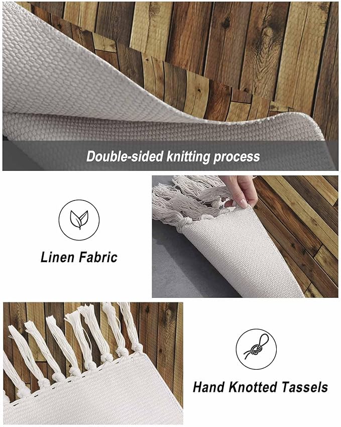 Brown Hallway Runner Rug 2X6 Ft Kitchen Carpet, Washable Woven Vintage Country Wooden Grain Throw Carpet with Tassel, Non-Shedding Farmhouse Cabin Retro Plank Stitching Art Bedroom Laundry Rugs