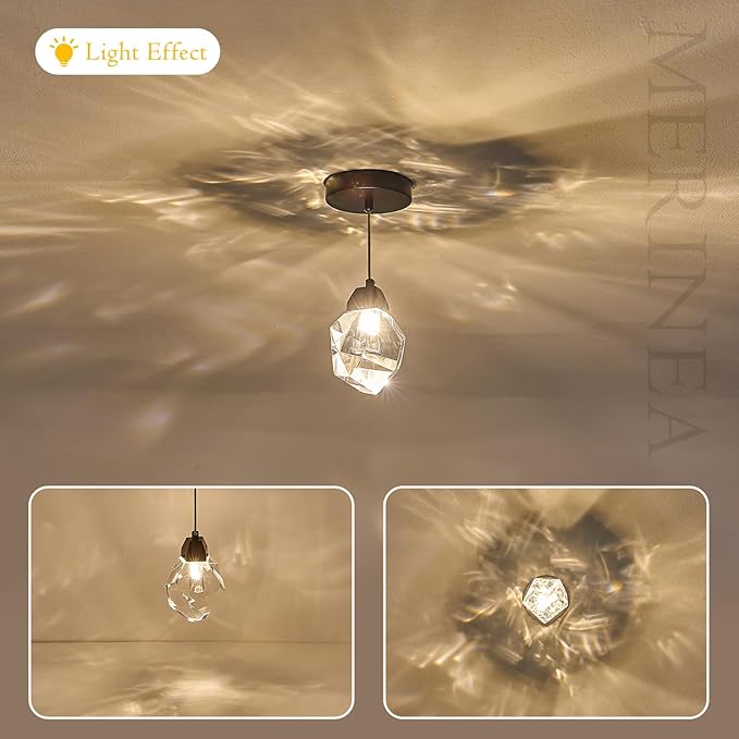 1-Light Black Crystal Pendant Light, Modern Mini Hanging Ceiling Light with Diamond K9 Prism, Dimmable LED Pendant Lamp for Kitchen Island, Dining Room, Bedroom, Hallway, Bar