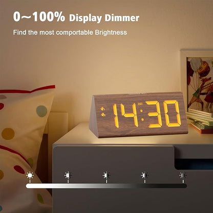 Wooden Digital Alarm Clock with Dual USB Charging Ports, DST, Dimmable, Snooze, Modern Large Time Display LED Clock for Kids Bedrooms, Living Room, Desk, Table, Bedside, Nightstand (Brown)