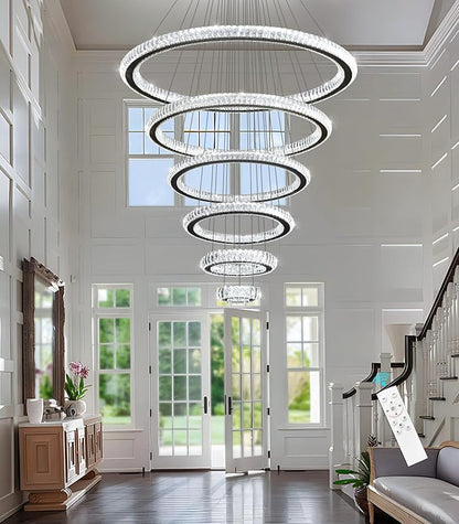 Modern Chandelier 8"+16"+24"+32"+40"+47" 6 Rings Crystal LED Dimmable Lighting Foyer Entryway High Ceiling Living Room Chanderliers Pendant Lights Fixtures Black Light