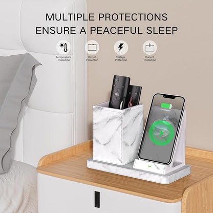 Multi-Functional Pencil Holder for Desk,marble Vegan Leather Organizers with Remote Control Holder,Pencil Holder Desk Organizer with Phone Wireless Charger for Office/Nightstand/Endtable