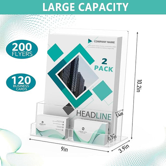 2 Pack Acrylic Brochure Holder 8.5 x 11 Inch with Business Card Holder, Clear Acrylic Brochure Holders Plastic Flyer Display Stand for Magazine, Pamphlet, Booklets, Menu, Journals, Literature
