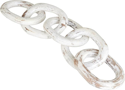 Housewarming Gifts Wood Chain Link Decor Hand Carved 5-Link Wood Knot Decorative Chain, Rustic Decorative Object Large Wooden Chain for Home Living Room Coffee Table Farmhouse 16 x 4 x 2 (White)
