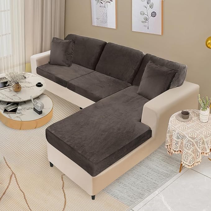 NAISI Sectional Couch Covers 6 Pieces Velvet Couch Cushion Covers L Shape Soft Stretch Sofa Slipcovers with 2pcs Pillowcases for Left/Right Chaise Sectional Couch(2 Seater+1 Chaise+3 Back,Brown)