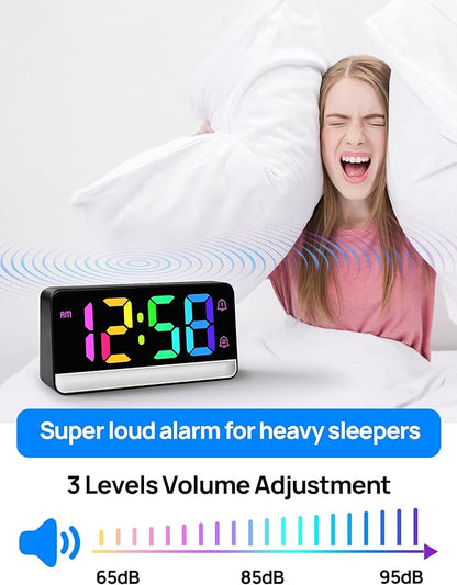 MASHI Loud Alarm Clock for Heavy Sleepers,Digital Clock with 12 Color NightLight,Adjustable Volume,Dynamic RGB Color, Snooze, DST Bedrooms Bedside,ok to Wake for Kids,Teens